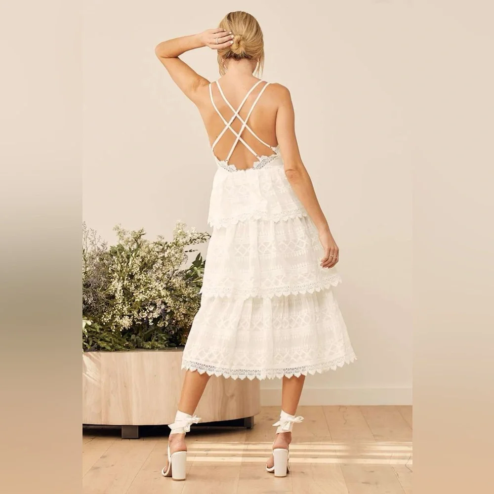 LULUS All Is Love White Tiered Midi Dress S Lace Bridal Shower Rehearsal Dinner - Picture 5 of 11